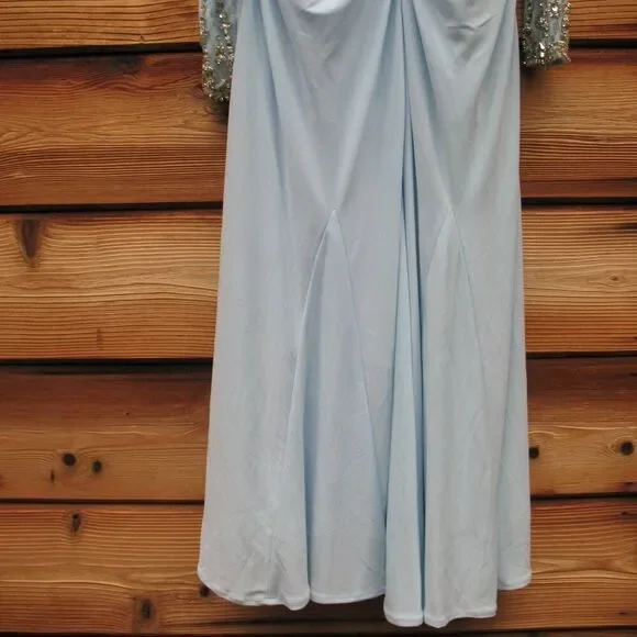 Mac Duggal 26485 Blue Foldover Long Sleeve Jeweled Midi Dress - Picture 9 of 14